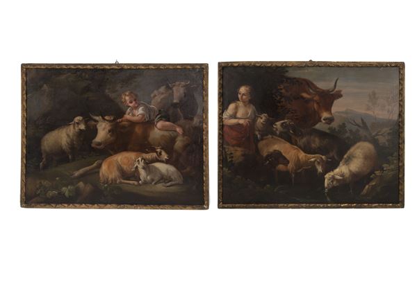 FRANCESCO LONDONIO - Coppia di dipinti "BIMBI CON GREGGI E ARMENTI"