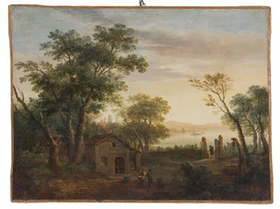 Dipinto "paesaggio Lacustre con Figure"