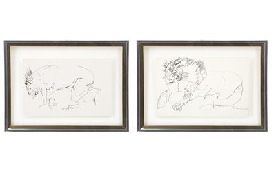 Coppia di Disegni a China "leoni"