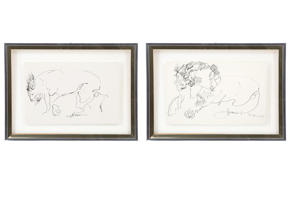 Pair of ink drawings "LIONS"