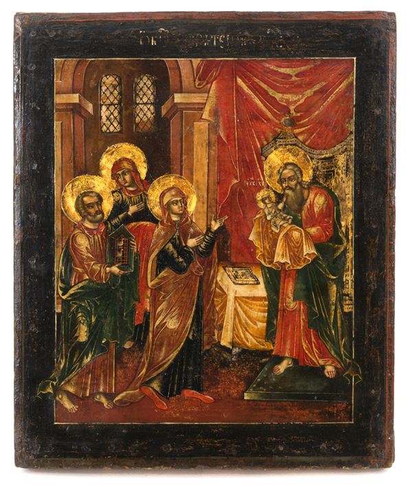 Icon "PRESENTATION IN THE TEMPLE OF SAINT SIMEON WITH CHILD JESUS, MADONNA, SAINT JOSEPH AND SAINT ANNE"