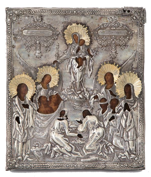 Icon with riza "MADONNA AND CHILD, ANGELS AND SOULS IN PURGATORY"