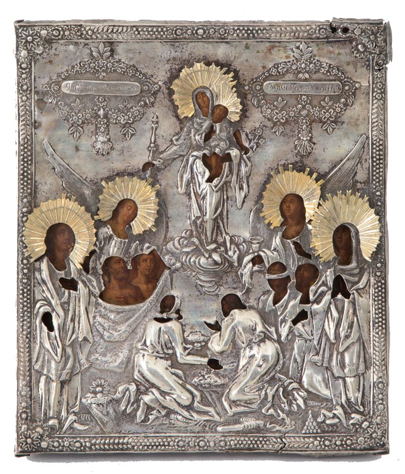 Icona con Riza "madonna con Bambino, Angeli e Anime del Purgatorio"