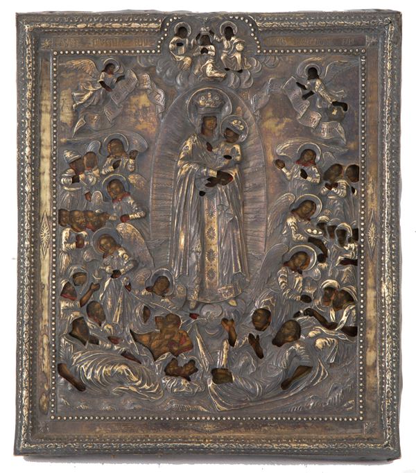 Icon with riza "MADONNA AND CHILD AND SAINTS"
