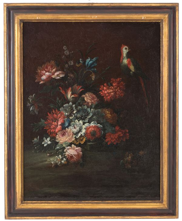 Dipinto "FIORI CON PAPPAGALLO"