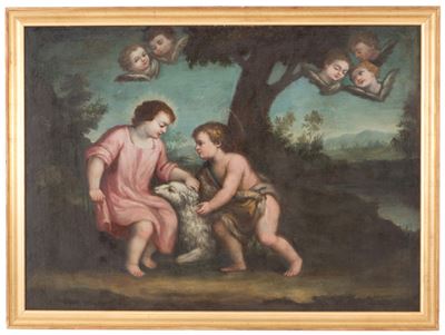 Dipinto "gesu' Bambino con San Giovannino e L'agnello"