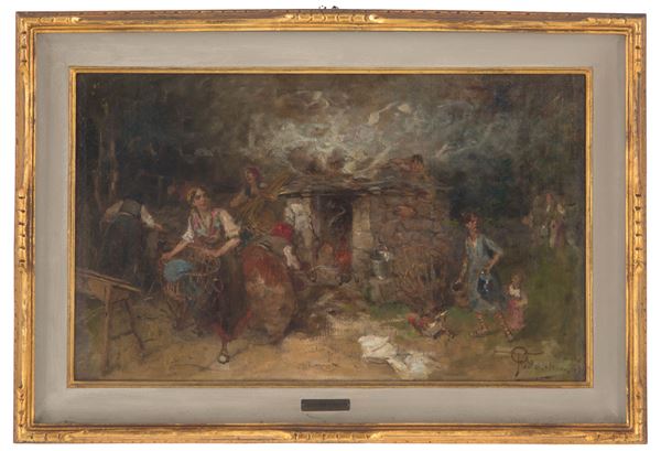 GIOVANNI BATTISTA TODESCHINI - Painting "WOMEN IN THE COURTYARD"
