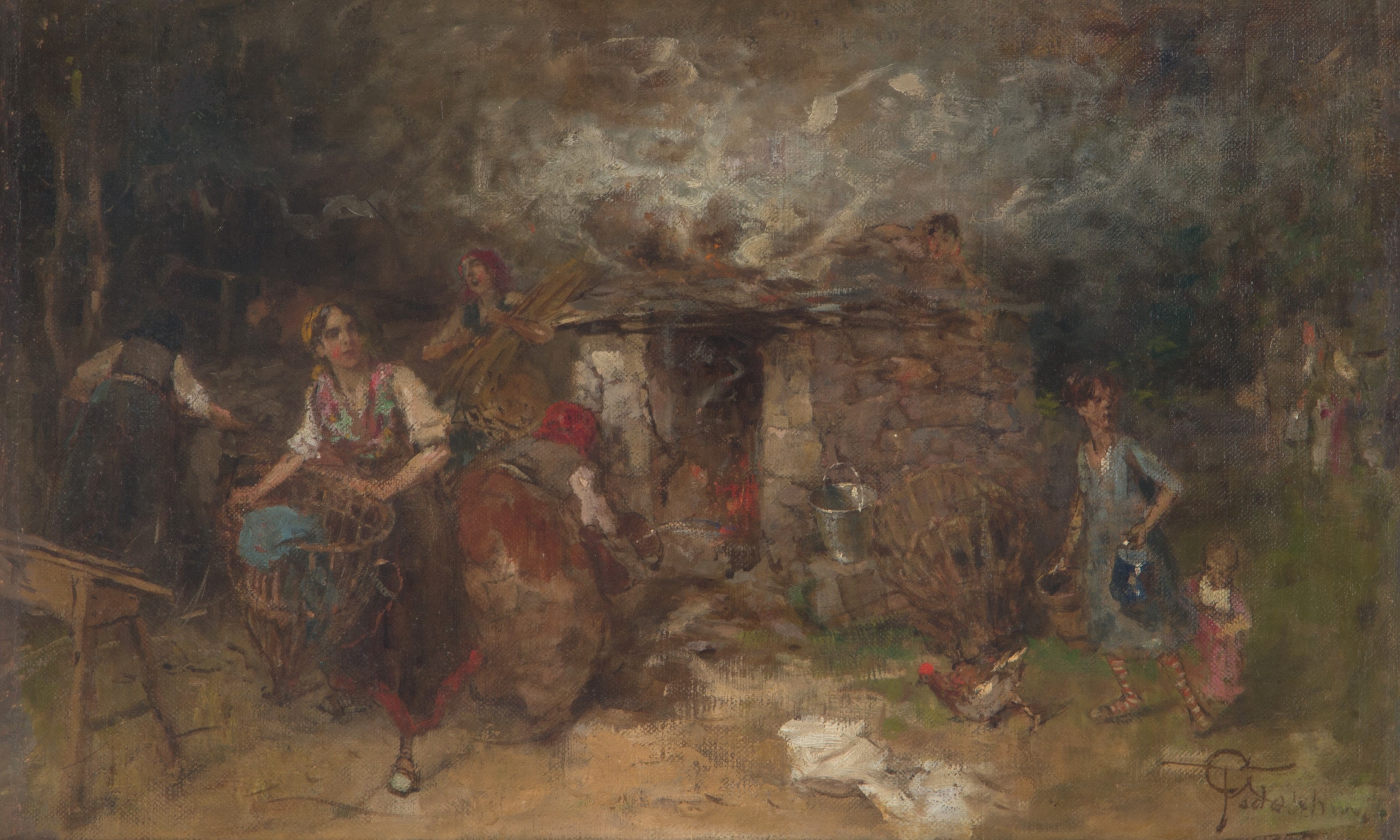 Giovanni Battista Todeschini - Dipinto "donne in Cortile"