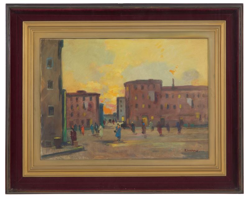 Renato Natali - Dipinto "piazza con Personaggi"