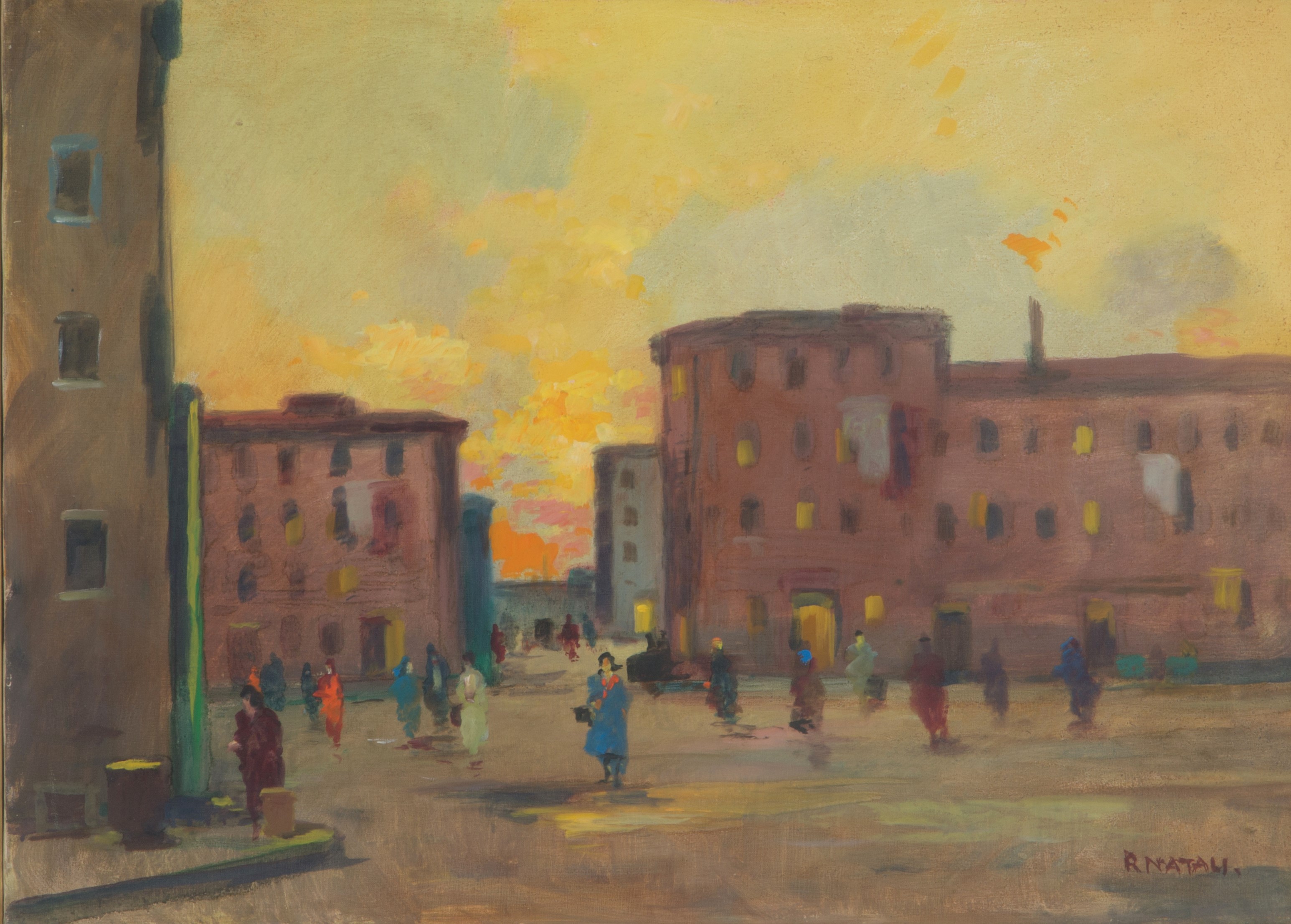 Renato Natali - Dipinto "piazza con Personaggi"