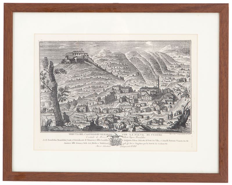 Marco Sebastiano Giampiccoli - Acquaforte "veduta del Castello di Valmarino con la Pieve di Cison...