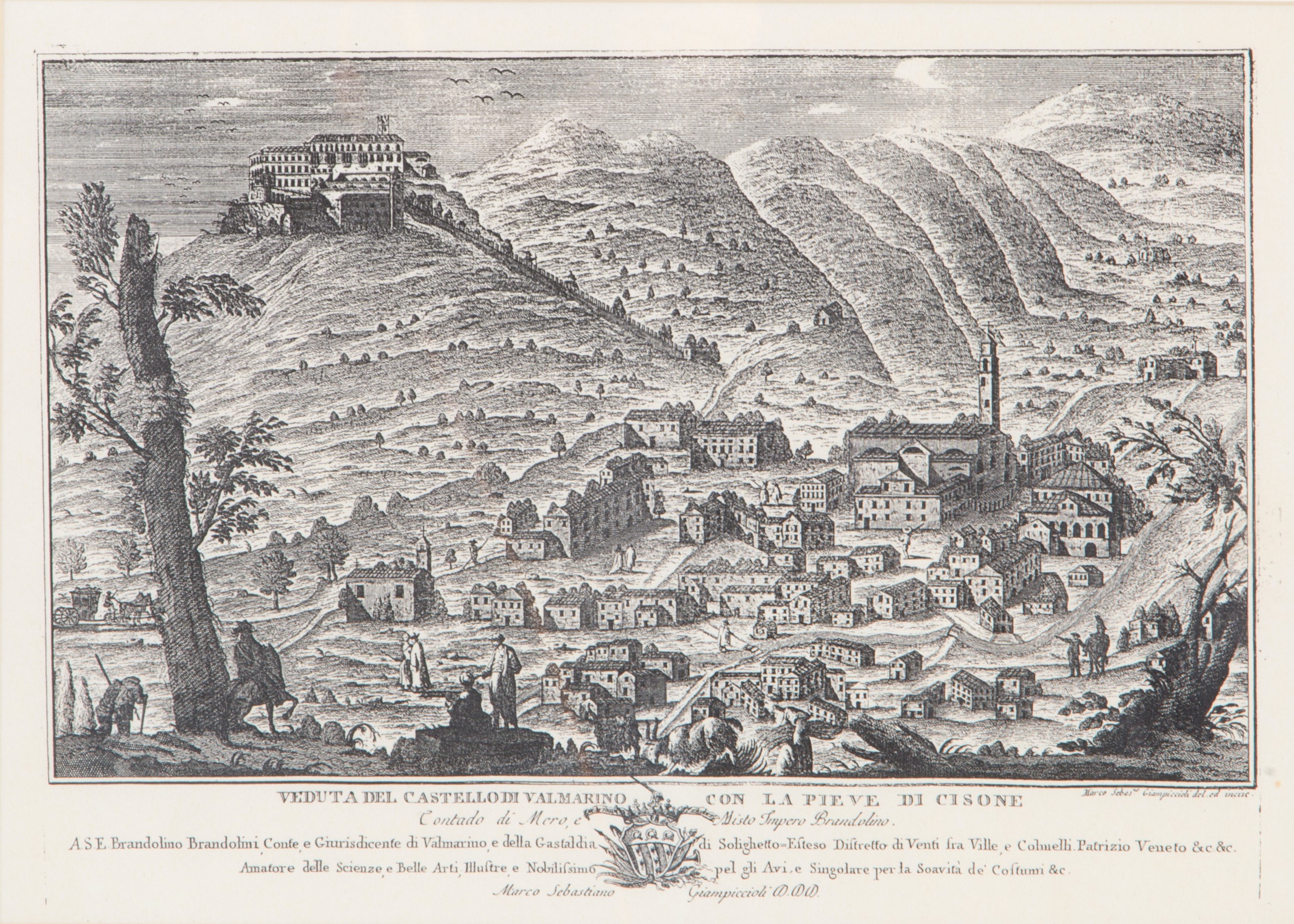 Marco Sebastiano Giampiccoli - Acquaforte "veduta del Castello di Valmarino con la Pieve di Cison...
