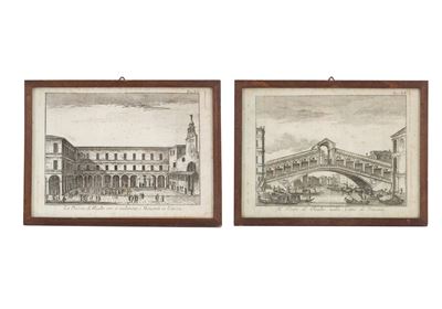 Coppia di Piccole Acqueforti "piazza e Ponte di Rialto"