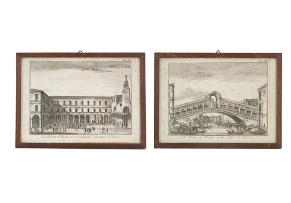 Pair of small etchings "PIAZZA E PONTE DI RIALTO"