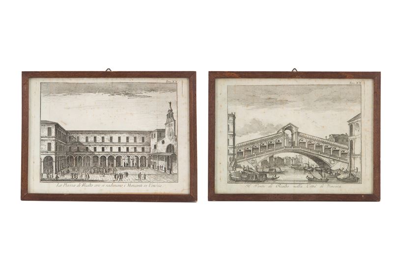 Coppia di Piccole Acqueforti "piazza e Ponte di Rialto"