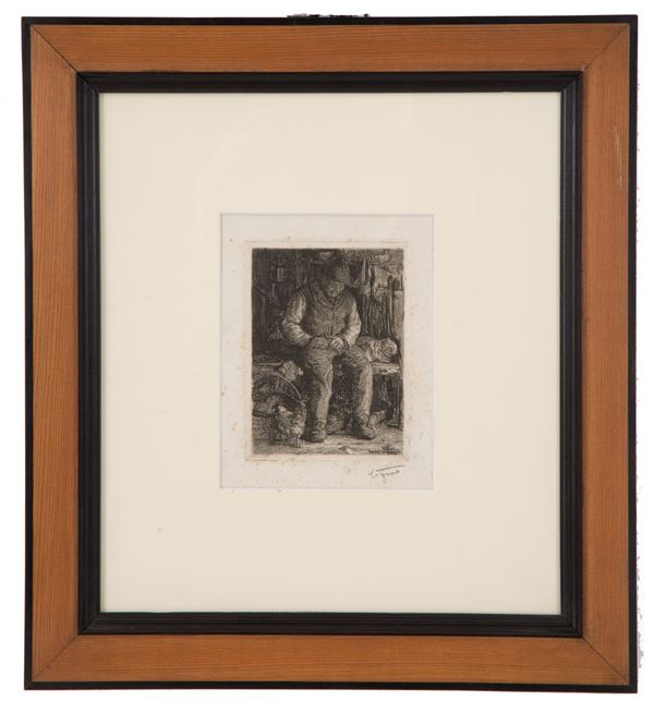 CESARE FERRO - Engraving "FARMER WITH CAT"