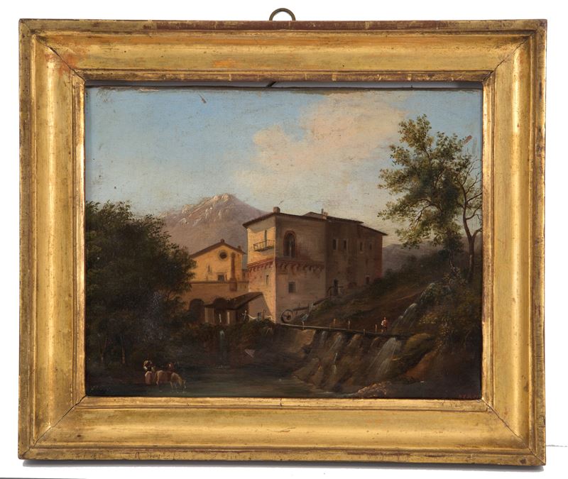 Dipinto "mulino sul Fiume con Personaggi"