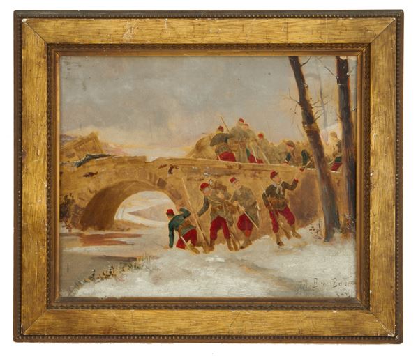 &#201;TIENNE-PROSPER BERNE-BELLECOUR - Painting "SOLDIERS AT THE BRIDGE"