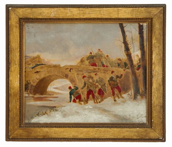 &#201;TIENNE-PROSPER BERNE-BELLECOUR - Painting "SOLDIERS AT THE BRIDGE"