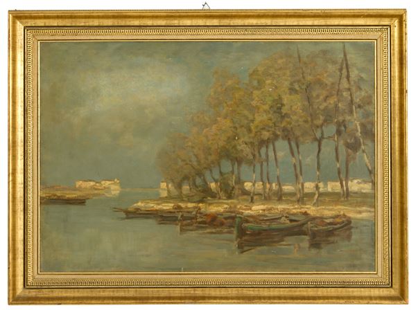 FRANCESCO SARTORELLI - Dipinto "LAGUNA CON BARCHE"