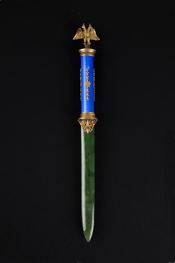 Paper knife in jade, gilt silver and enamel