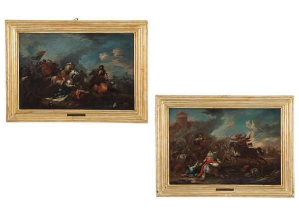 FRANCESCO SIMONINI - Coppia di dipinti "BATTAGLIE"