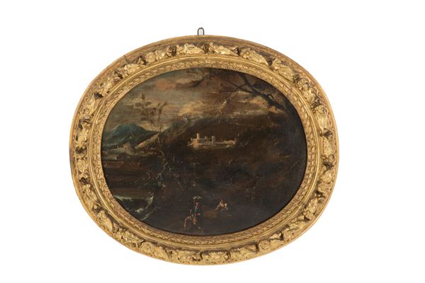 ANTONIO FRANCESCO PERUZZINI - Dipinto ovale "PAESAGGIO CON FIGURE"