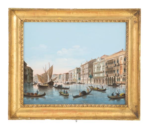 Watercolor engraving "GRAND CANAL WITH BOATS AND FIGURES"