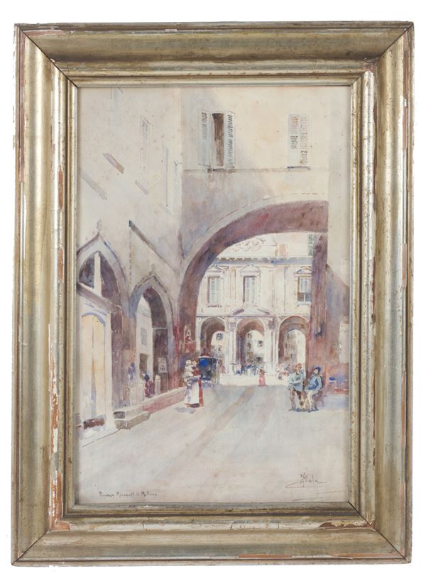 PAOLO SALA - Acquarello  "PIAZZA MERCANTI DI MILANO"