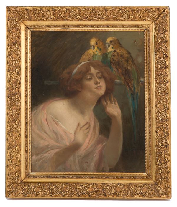 VAJDA ZSIGMOND - Dipinto "DONNA CON PAPPAGALLI"