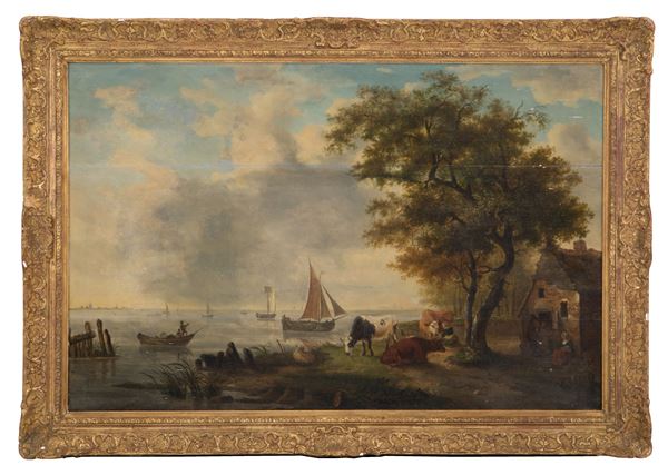 Painting "LAKE LANDSCAPE WITH COWS AND BOATS"