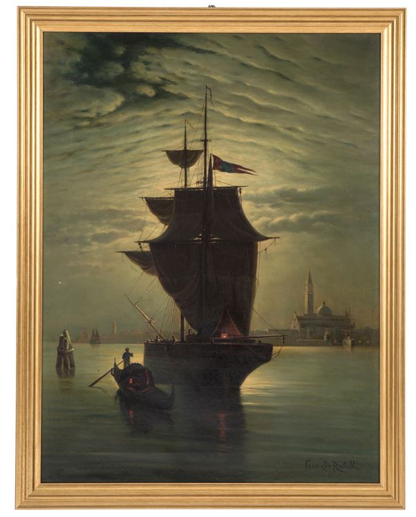GIUSEPPE DE RUBELLI - Painting "NIGHT VIEW OF THE SAINT MARK'S BASIN TOWARDS THE ISLAND OF SAN GIORGIO"