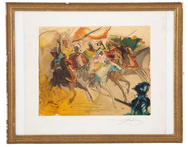 SALVADOR DALI' - Watercolor engraving "BERBERS ON HORSE"