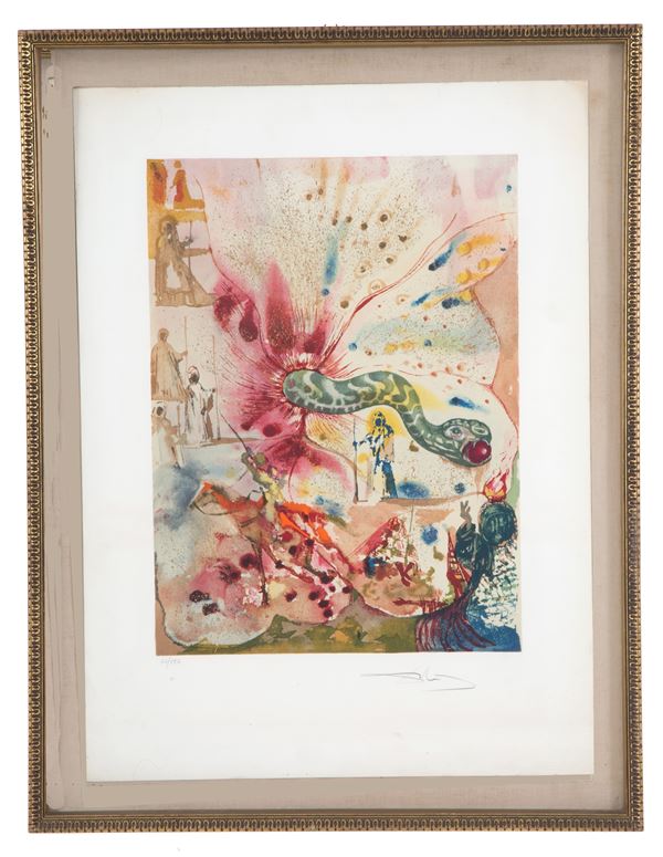 SALVADOR DALI' - Watercolor engraving "THE SNAKE AND THE APPLE"