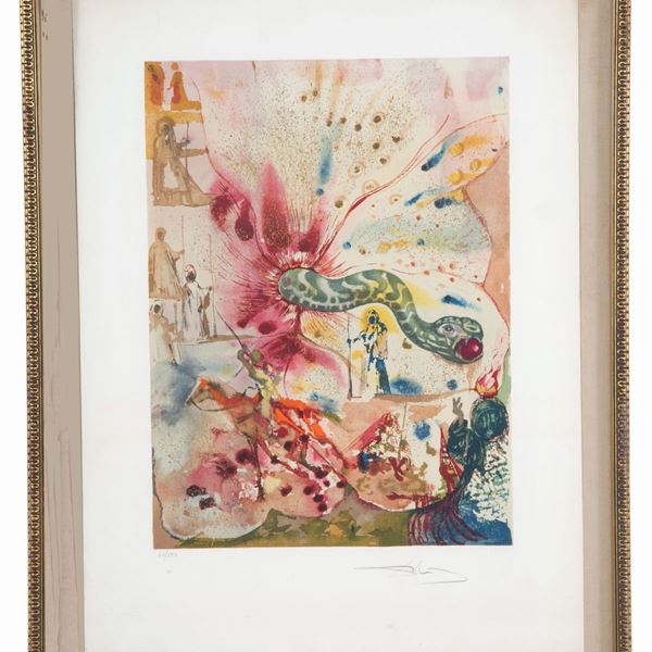 SALVADOR DALI' - Incisione acquarellata "IL SERPENTE E LA MELA"