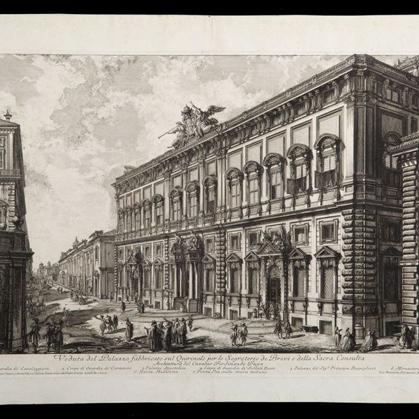 GIOVANNI BATTISTA PIRANESI : Incisione "VEDUTA DEL PALAZZO FABBRICATO SUL QUIRINALEPER LE SEGRETERIE DE BREVI E DELLA SACRA CONSULTA"  - Asta MILANO DECOR - Antiques, Fine Art & Design Auction (n° 93) - Viscontea Casa d'Aste