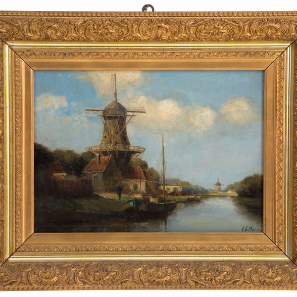 Dipinto  "PAESAGGIO FLUVIALE CON MULINO E FIGURE"