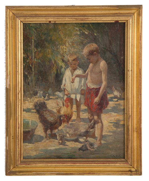 FRANCESCO DE NICOLA - Dipinto "BAMBINI CON GALLINE"
