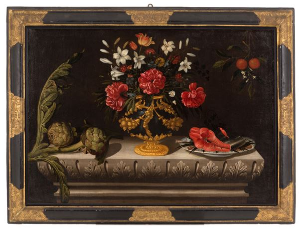 PSEUDO HIEPES (BERNARDO POLO) - Painting &quot;STILL LIFE WITH A VASE OF FLOWERS, ARTICHOKES, A PLATE OF SALMON AND ORANGES&quot;