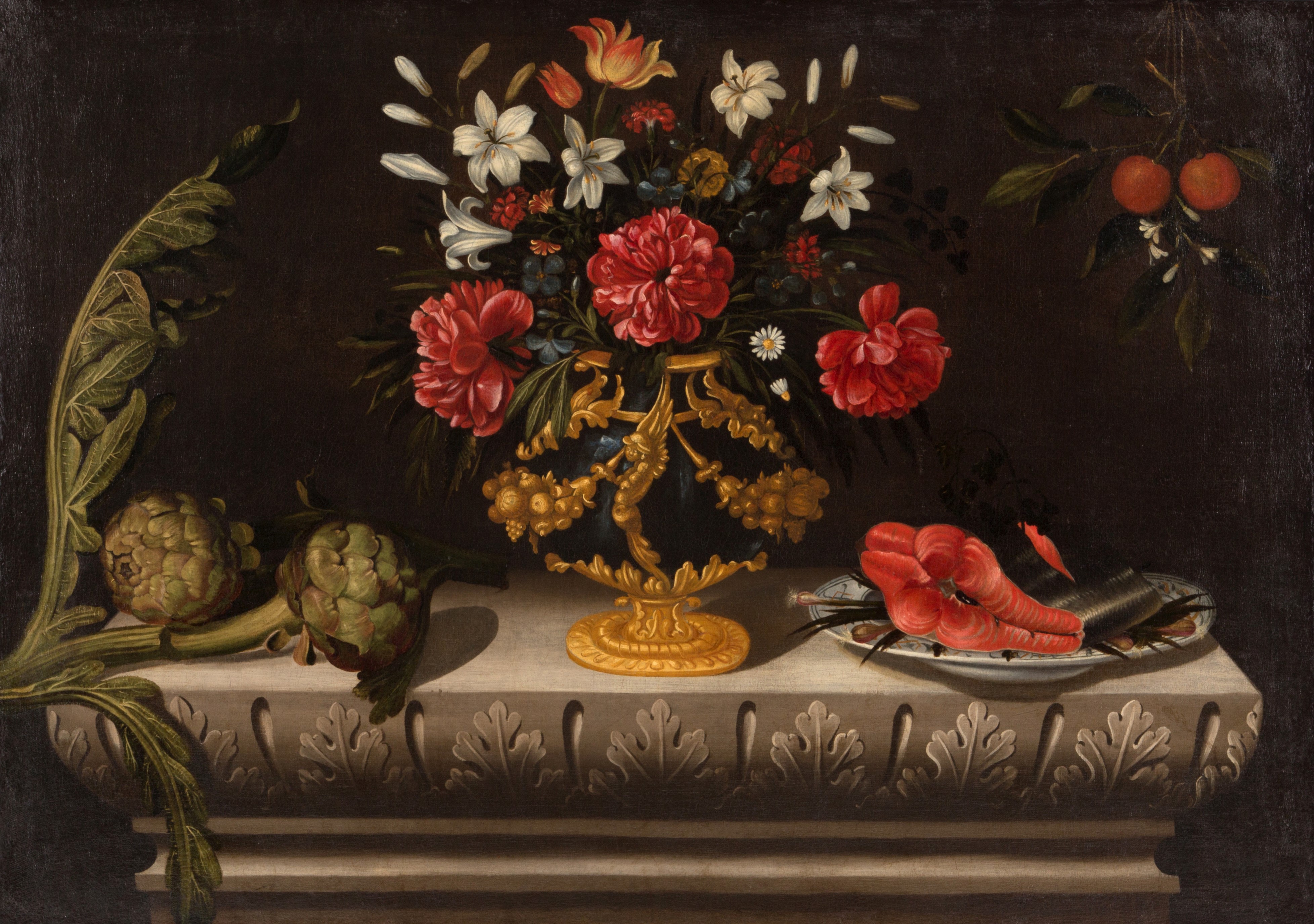 Dipinto "NATURA MORTA CON VASO DI FIORI, CARCIOFI, UN PIATTO DI SALMONE E ARANCE"