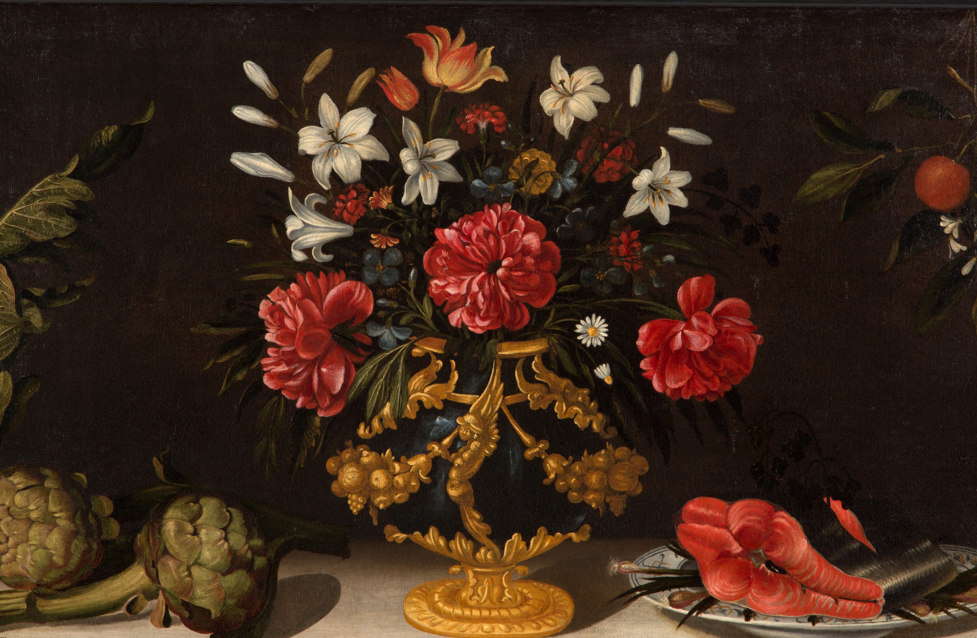 Dipinto "NATURA MORTA CON VASO DI FIORI, CARCIOFI, UN PIATTO DI SALMONE E ARANCE"