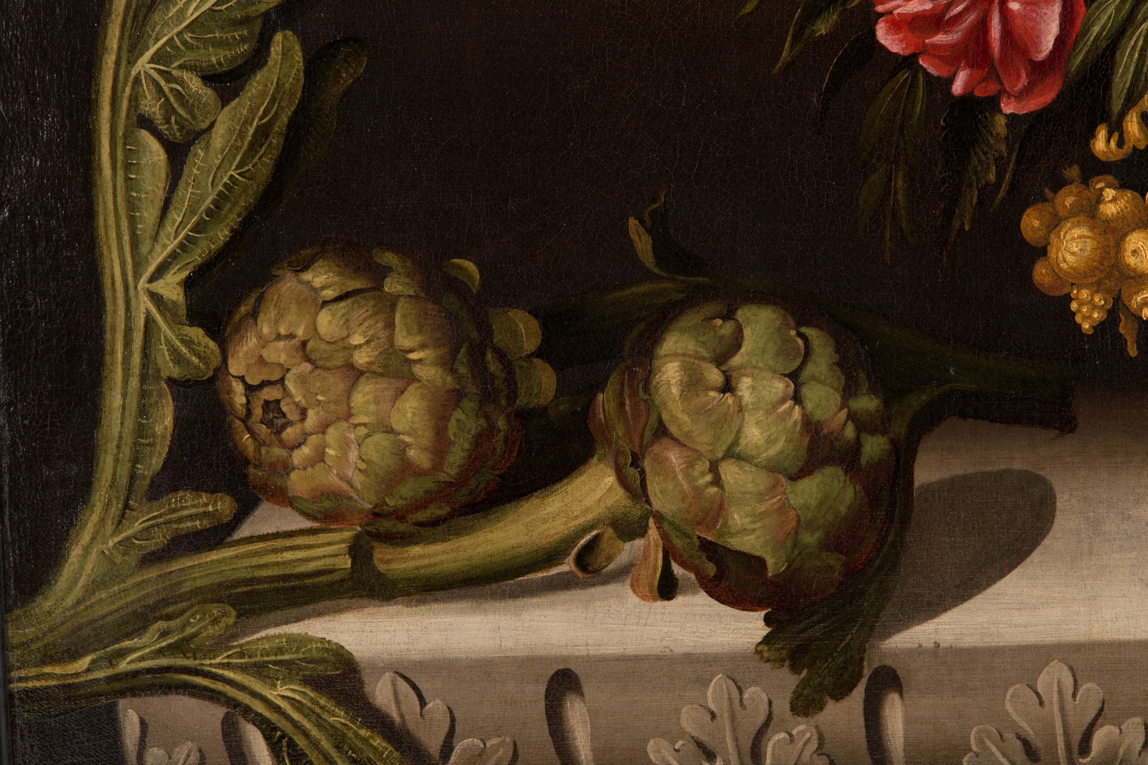 Dipinto "NATURA MORTA CON VASO DI FIORI, CARCIOFI, UN PIATTO DI SALMONE E ARANCE"