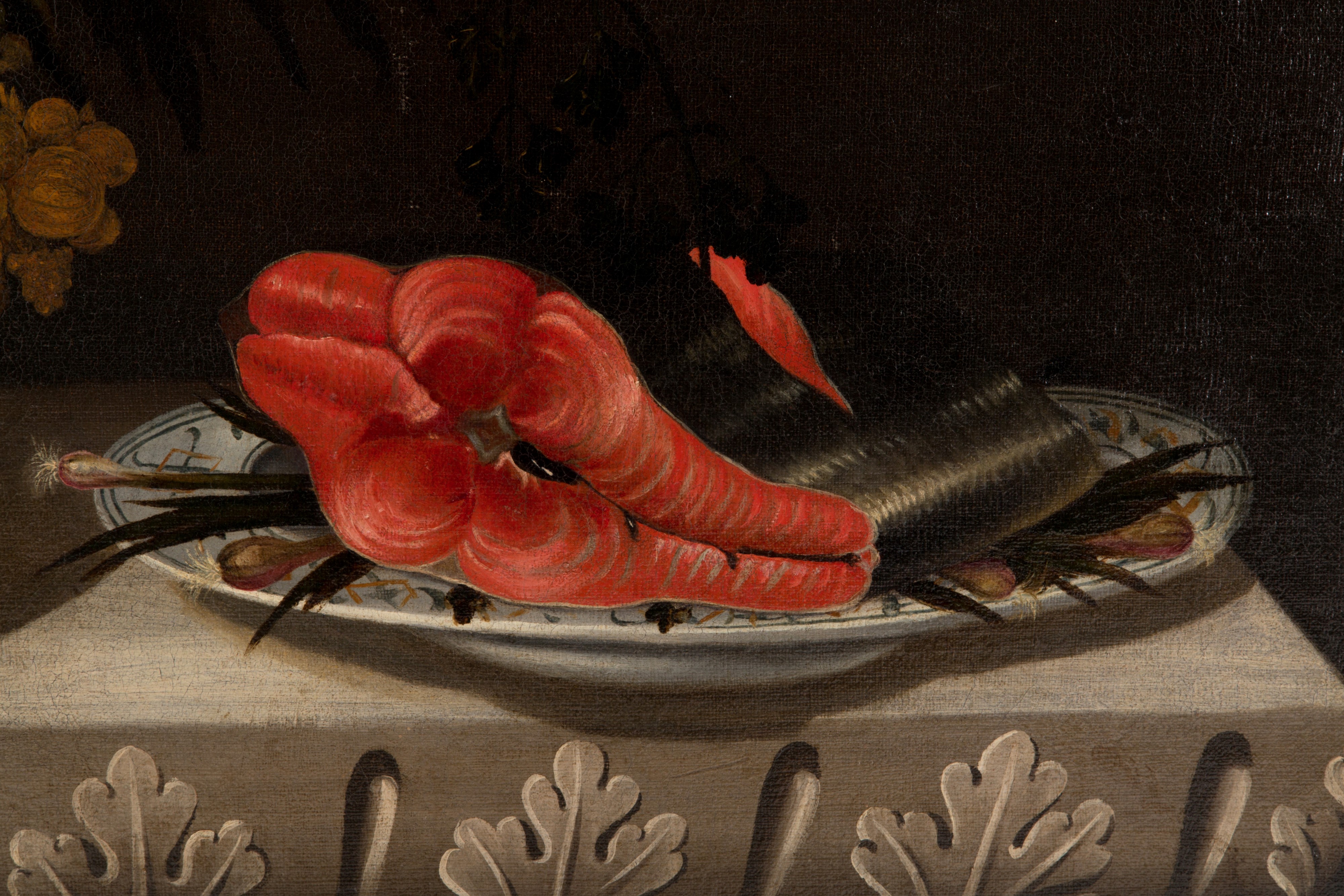 Dipinto "NATURA MORTA CON VASO DI FIORI, CARCIOFI, UN PIATTO DI SALMONE E ARANCE"