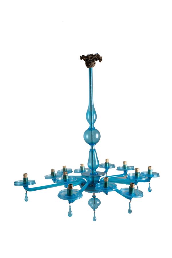 Lampadario in vetro azzurro. VENINI