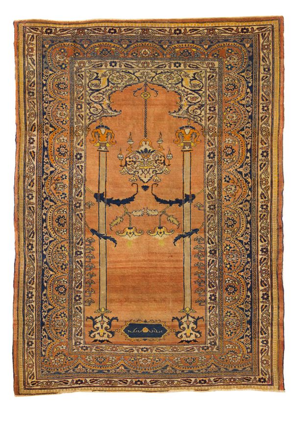 Tabriz prayer rug. Persia. With writing 'Mobark Bad'