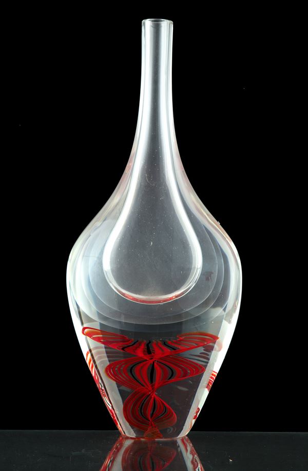 Vaso in vetro di Murano con spirale rossa