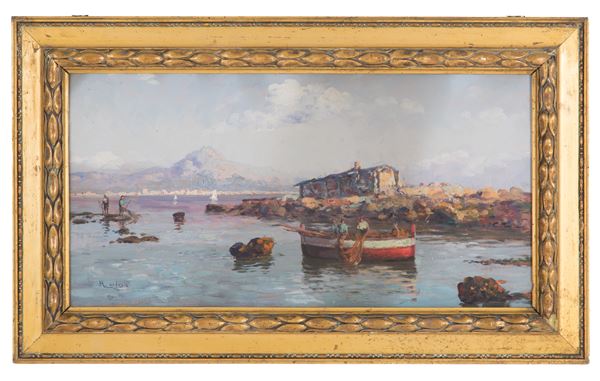 ROSARIO DI FAZIO - Dipinto "VEDUTA DI LAGO CON BARCHE"