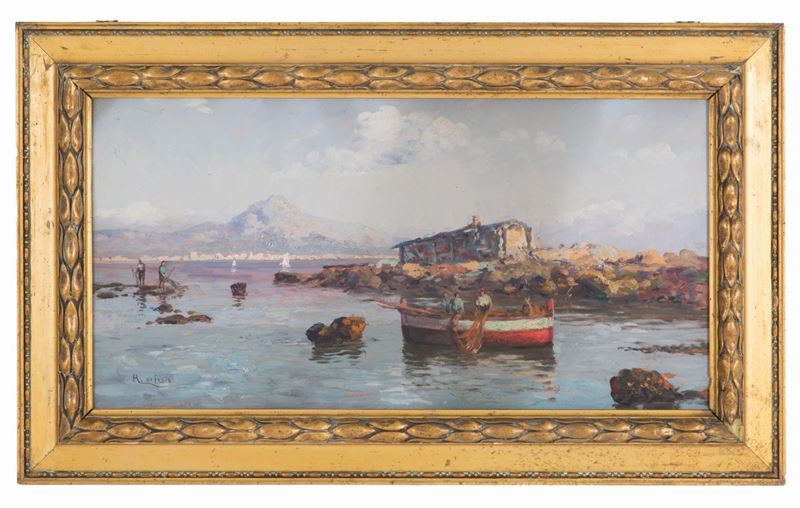 Rosario di Fazio - Dipinto "veduta di Lago con Barche"
