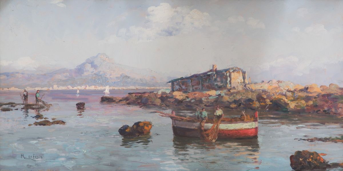 Rosario di Fazio - Dipinto "veduta di Lago con Barche"