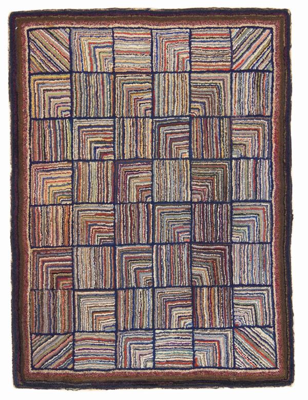Hook rug in wool and various fabrics. United States